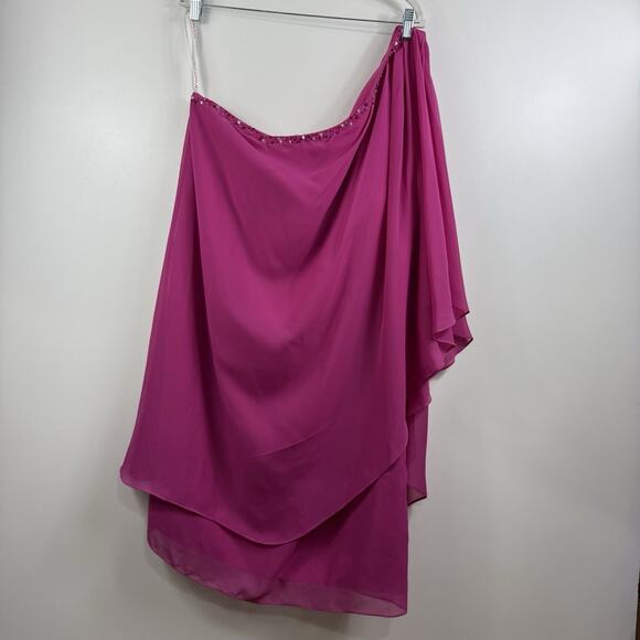 JJ’s House New Fuchsia One Shoulder Dress Size 26W Chiffon Layer Sequin Beaded - Picture 1 of 14